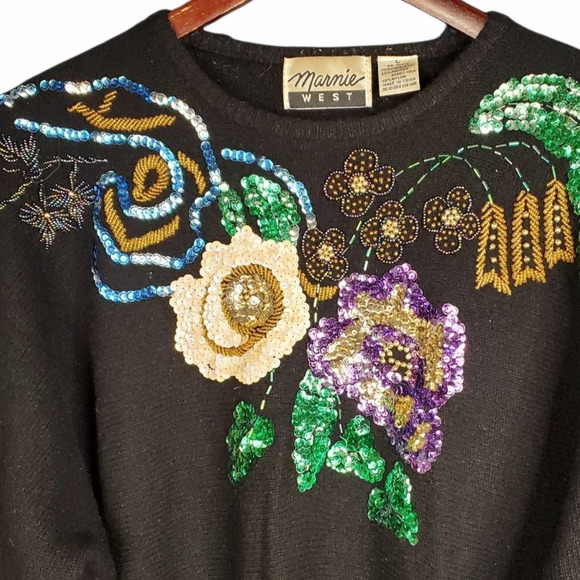 Marnie West Womens Pullover Sweater Black Floral Lambswool Blend Embellished L - Picture 6 of 9